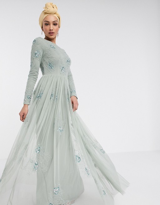 Maya long sleeve maxi tulle dress with floral embellishment in waterlily