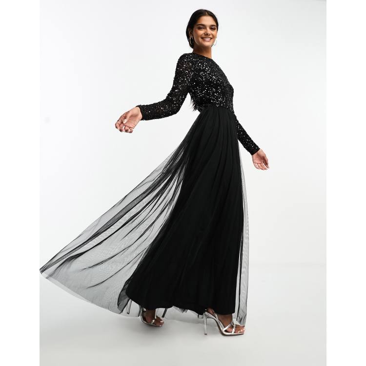 Maya long sleeve maxi tulle dress with tonal delicate sequin in black