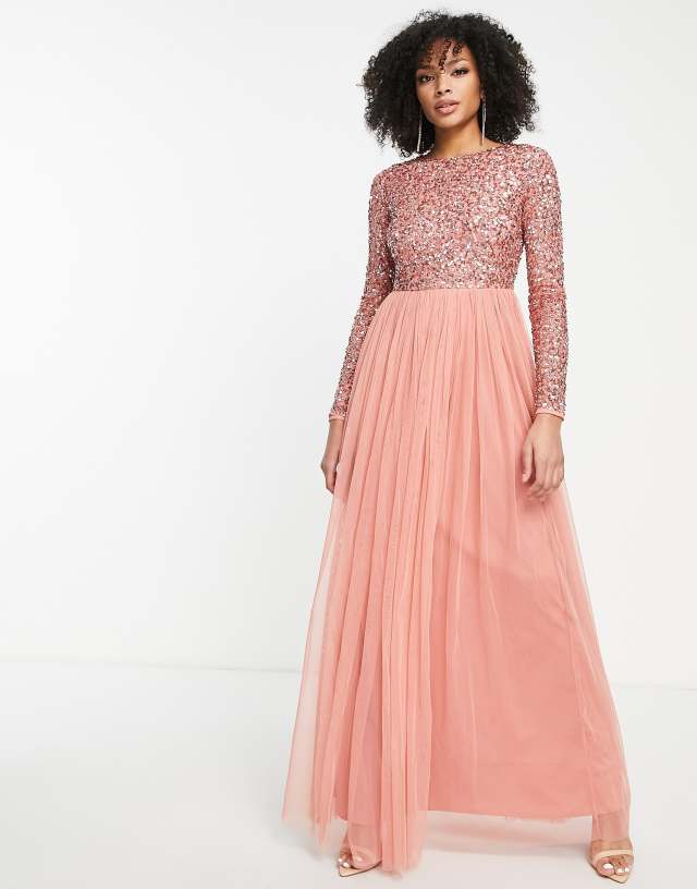 Maya long sleeve maxi tulle dress with tonal delicate sequin in burnt amber