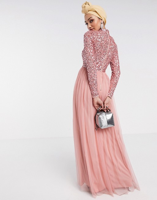 Maya long sleeve maxi tulle dress with tonal delicate sequins in coral