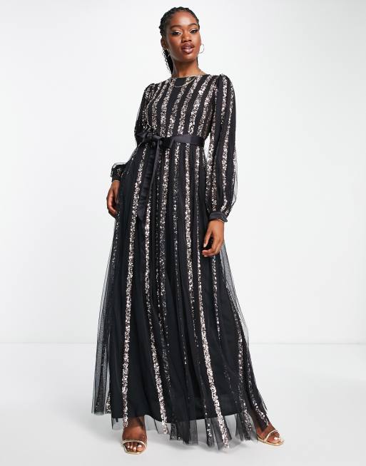 Maya long sleeve wrap front maxi dress with delicate sequin and tulle skirt in charcoal best sale