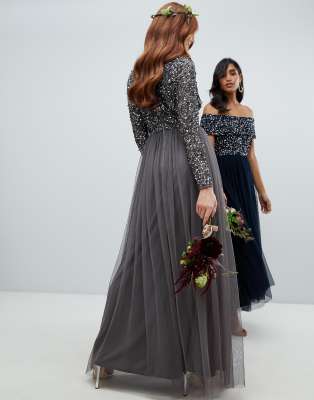 maya long sleeve wrap front maxi dress with delicate sequin and tulle skirt in charcoal