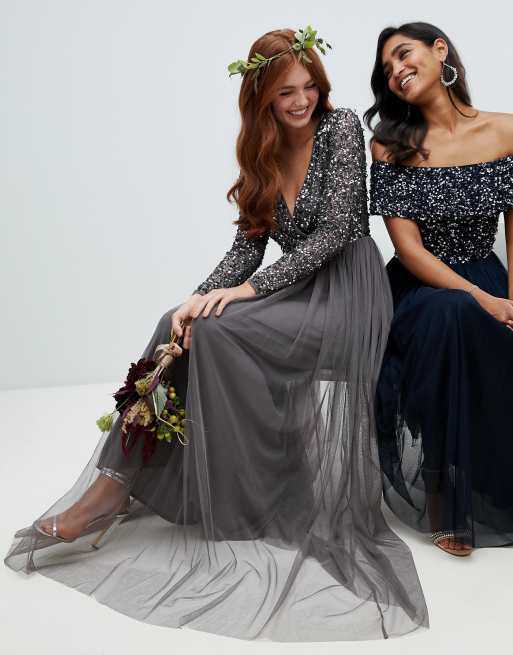 Maya long sleeve wrap front maxi dress with delicate sequin and tulle 2025 skirt in charcoal