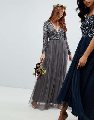 maya long sleeve wrap front maxi dress with delicate sequin and tulle skirt in charcoal
