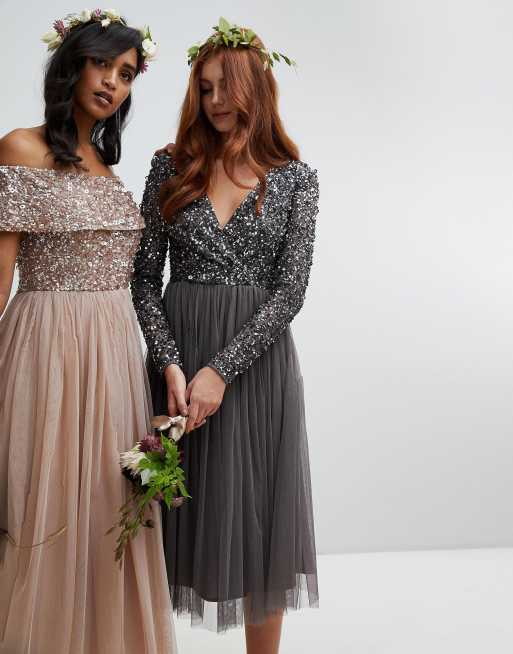 Maya long sleeve wrap front maxi dress with delicate sequin and tulle 2025 skirt in charcoal