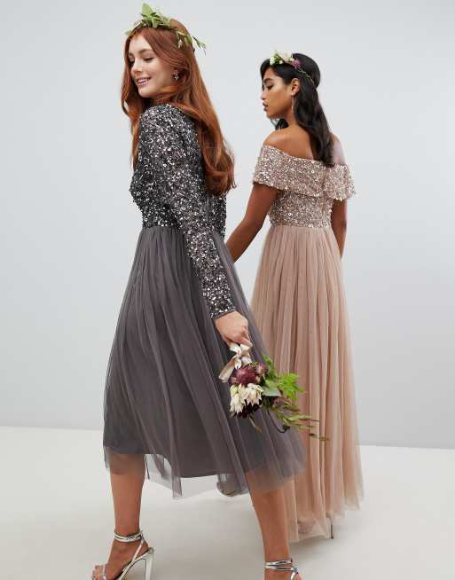 Maya long sleeve wrap front midi dress with delicate sequin and tulle skirt in charcoal