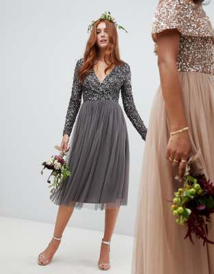 maya long sleeve wrap front maxi dress with delicate sequin and tulle skirt in charcoal