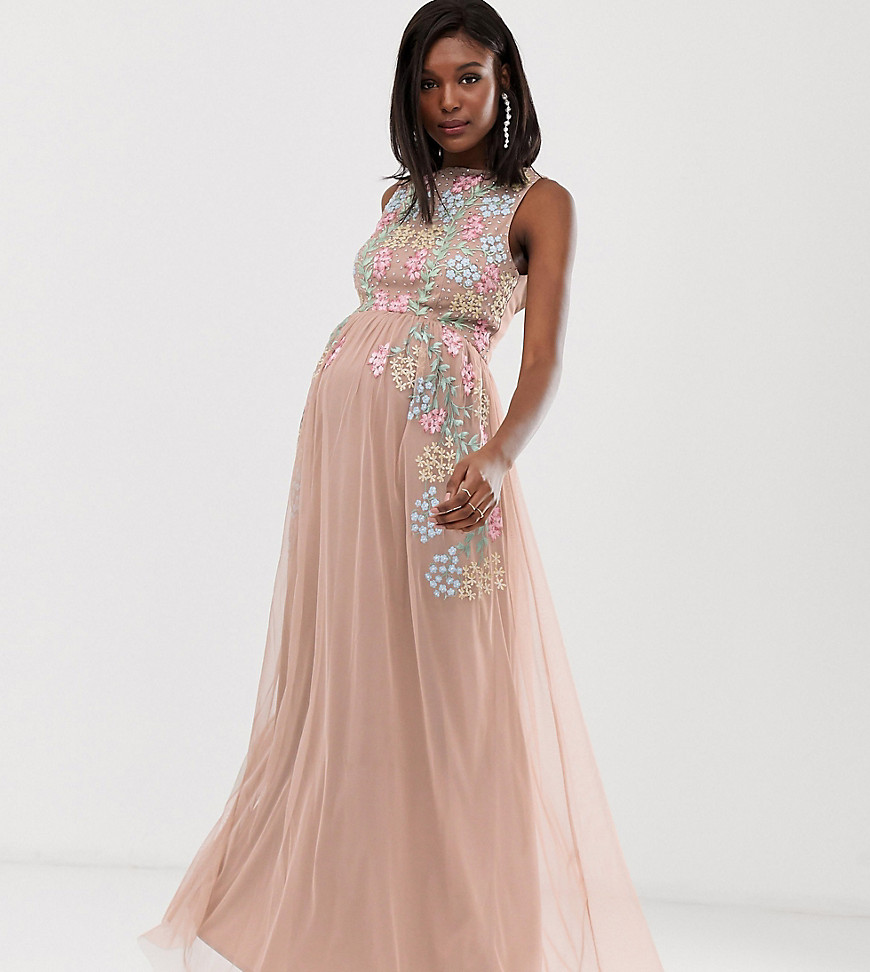 Maya Maternity all over embroidered maxi dress in pink multi