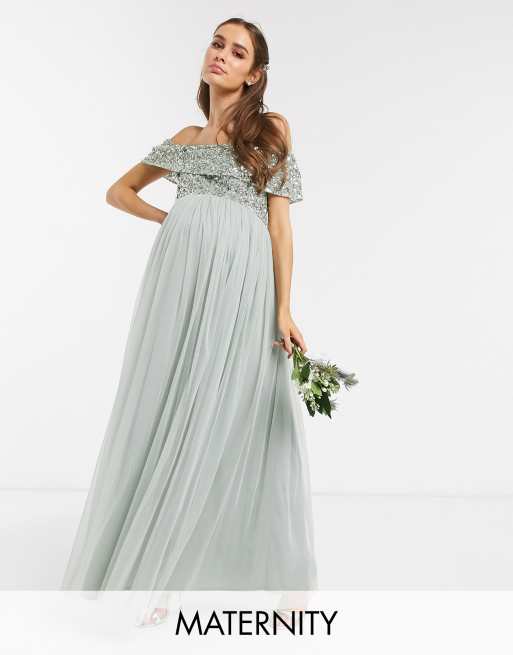 Maya Maternity Bridesmaid bardot maxi tulle dress with tonal delicate ...