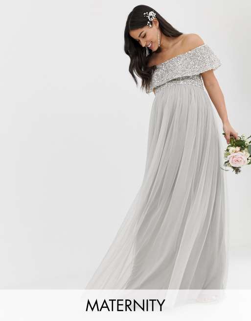 Maya Maternity  Bridesmaid  bardot maxi tulle dress  with 