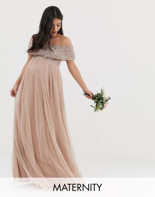 Maya Maternity Bridesmaid bardot maxi tulle dress with tonal delicate sequins in taupe blush