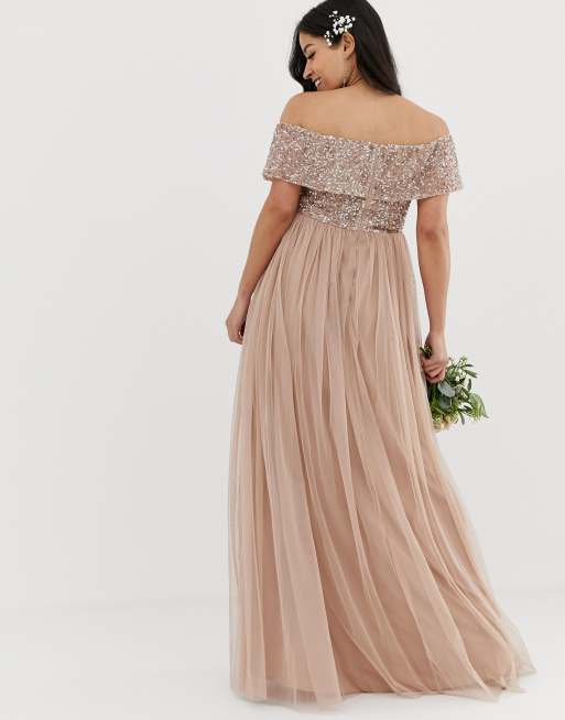 Maya bridesmaid bardot maxi tulle dress hotsell with tonal delicate sequins in taupe blush