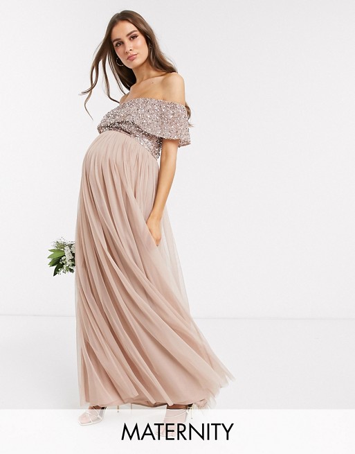 Maya Maternity Bridesmaid bardot maxi tulle dress with tonal delicate sequins in taupe blush