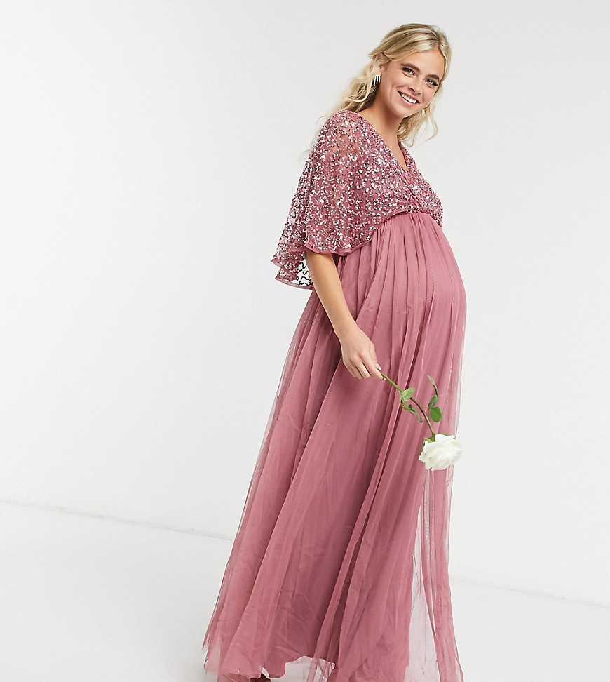 Maya Maternity Bridesmaid Cape Detail Wrap Maxi Dress In Delicate Sequin With Tulle Skirt In Rose-pink