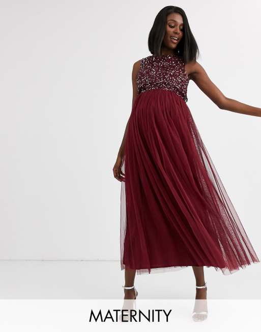 Maya Maternity Bridesmaid delicate sequin 2 in 1 midaxi dress in wine | ASOS