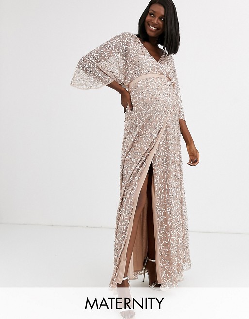 Maya Maternity Bridesmaid delicate sequin wrap maxi dress in taupe blush