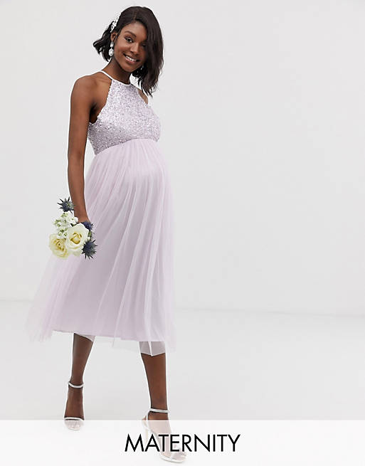 Maya Maternity Bridesmaid halter neck midi tulle dress with tonal delicate sequins in soft lilac