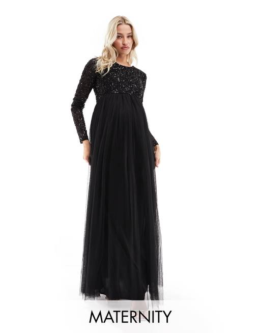 Maya Maternity Bridesmaid Langarmliges Maxi Brautjungfernkleid aus Tull mit zarten farblich abgestimmten Pailletten in Schwarz ASOS