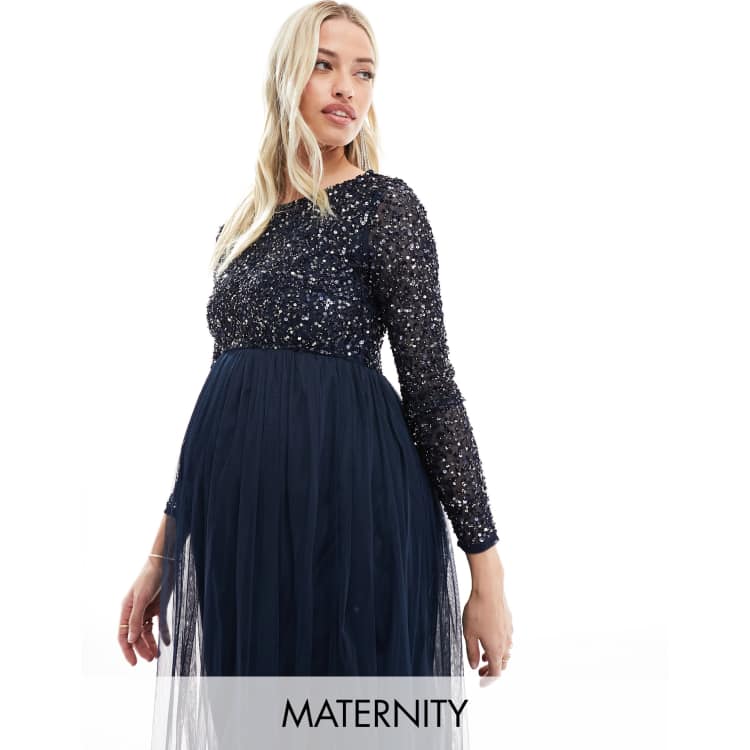 Maya Maternity Bridesmaid long sleeve maxi dress with delicate sequin in  navy