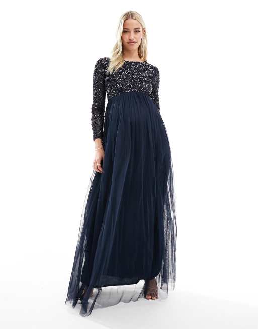 Maya Maternity Bridesmaid long sleeve maxi dress with delicate sequin in  navy