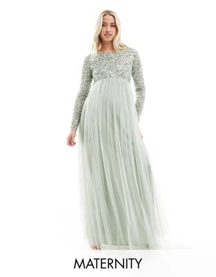 Bridesmaid long sleeve maxi dress with delicate sequin in sage green