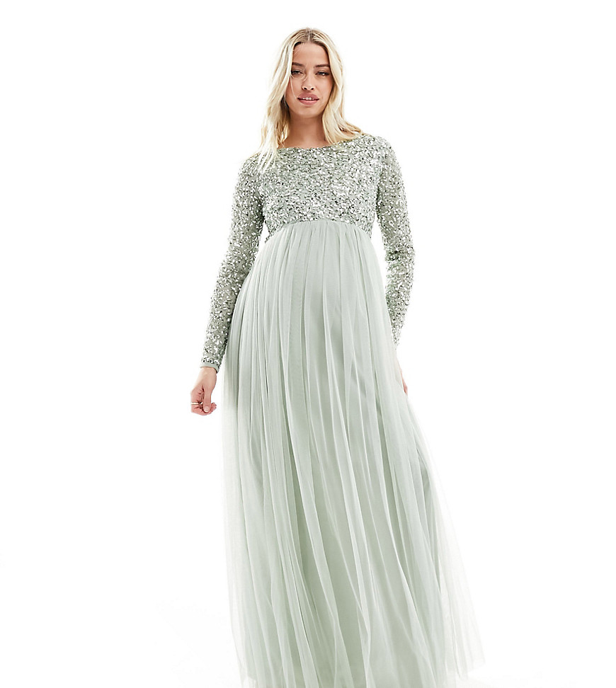 Bridesmaid long sleeve maxi dress with delicate sequin in sage green