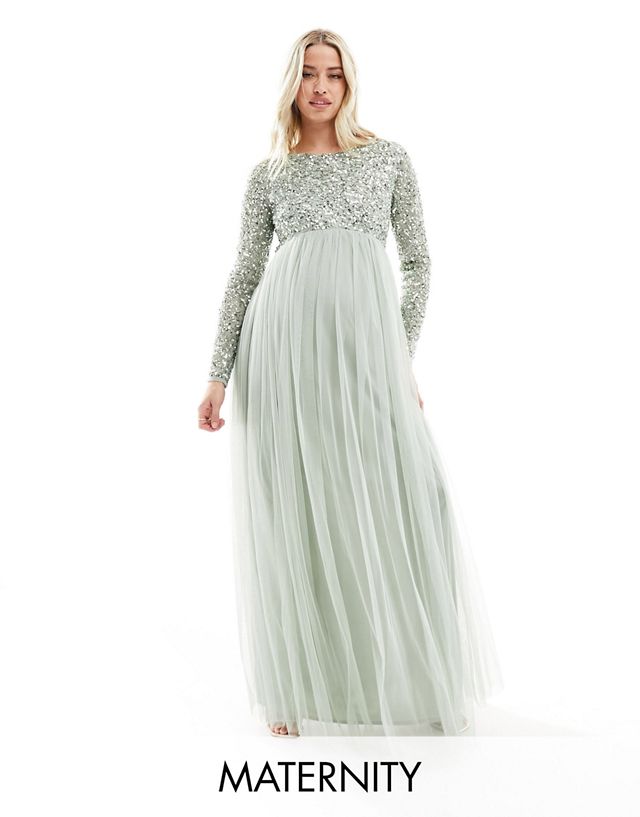 Maya Maternity Bridesmaid long sleeve maxi dress with delicate sequin in sage green