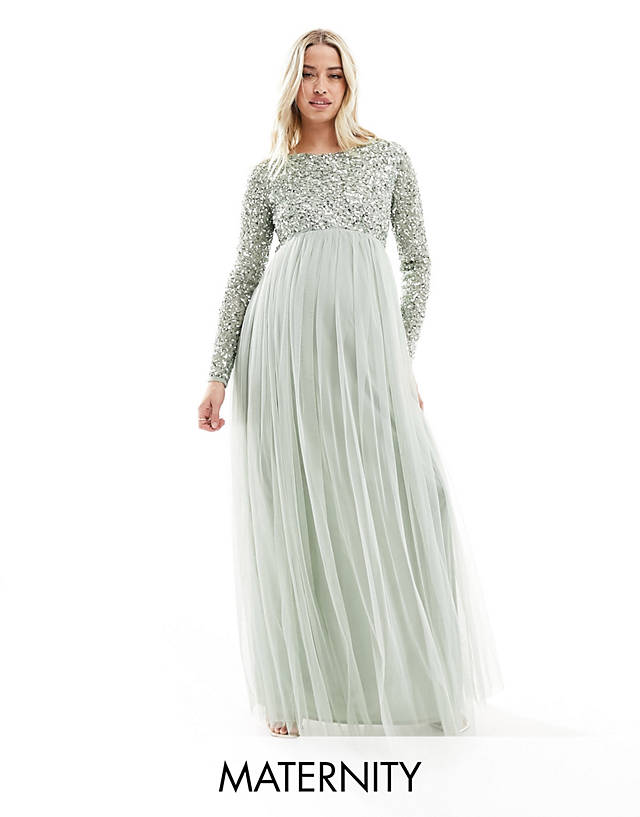 Maya Maternity - bridesmaid long sleeve maxi dress with delicate sequin in sage green