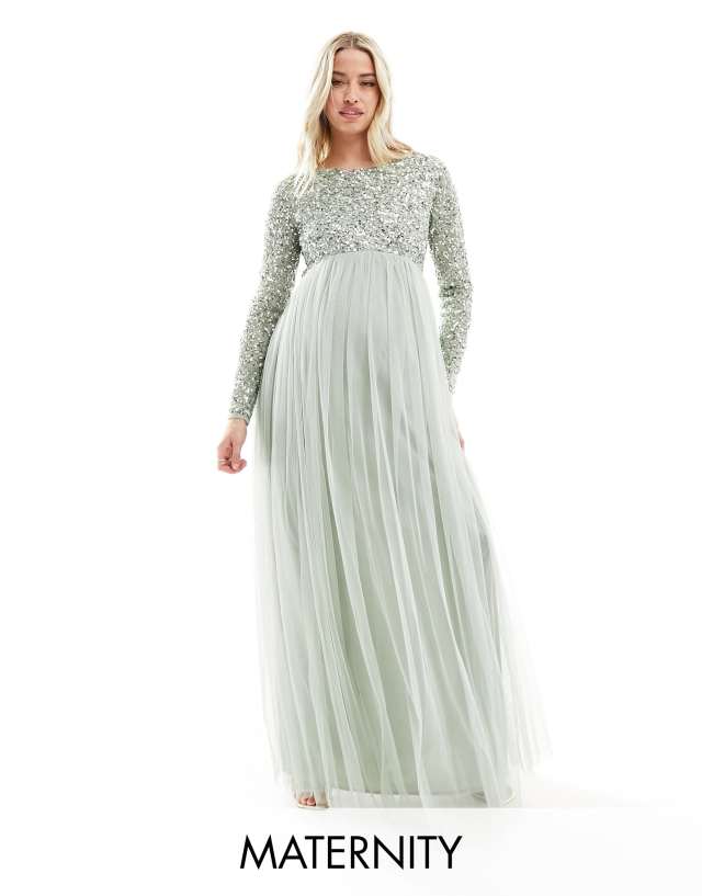 Maya Maternity Bridesmaid long sleeve maxi dress with delicate sequin in sage green