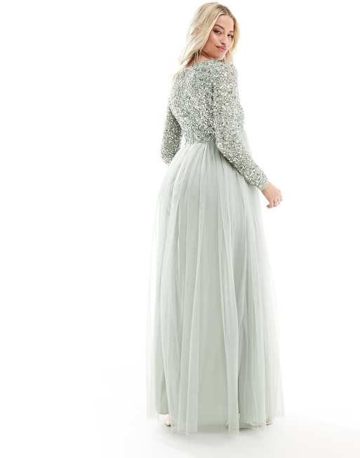 Maya Maternity Bridesmaid long sleeve maxi dress with delicate sequin in  sage green