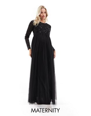 Maya Maternity Bridesmaid long sleeve maxi tulle dress with tonal delicate sequin in black
