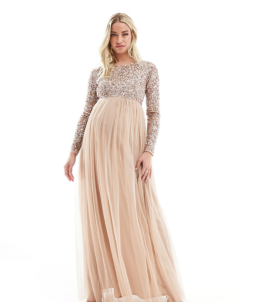Maya Maternity Bridesmaid long sleeve maxi tulle dress with tonal delicate sequin in muted blush-Neu