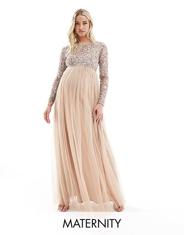Maya Maternity - bridesmaid long sleeve maxi tulle dress with tonal delicate sequin in muted blush