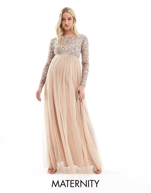 Maya Maternity Bridesmaid Long Sleeve Maxi Tulle Dress With Tonal Delicate Sequin In Muted Blush 