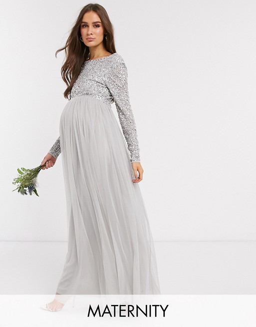 Maya Maternity Bridesmaid long sleeve maxi tulle dress with tonal delicate sequin overlay in silver