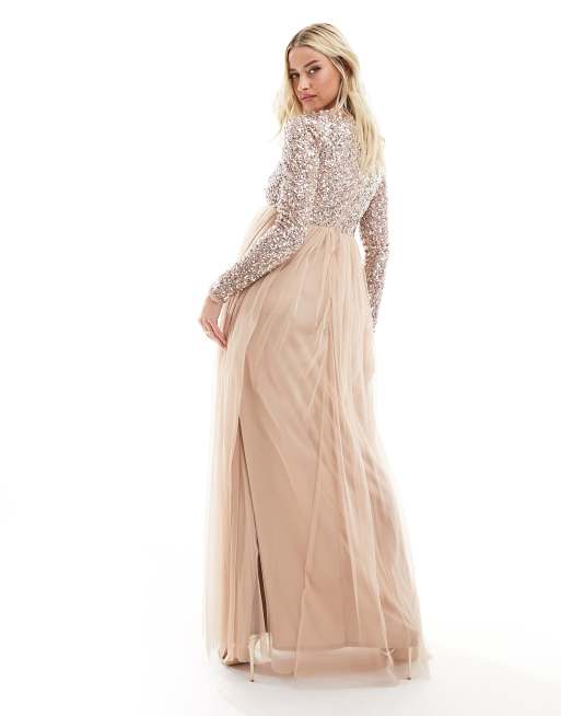 Maya Bridesmaid long sleeve maxi tulle dress with tonal delicate sequin in  muted blush