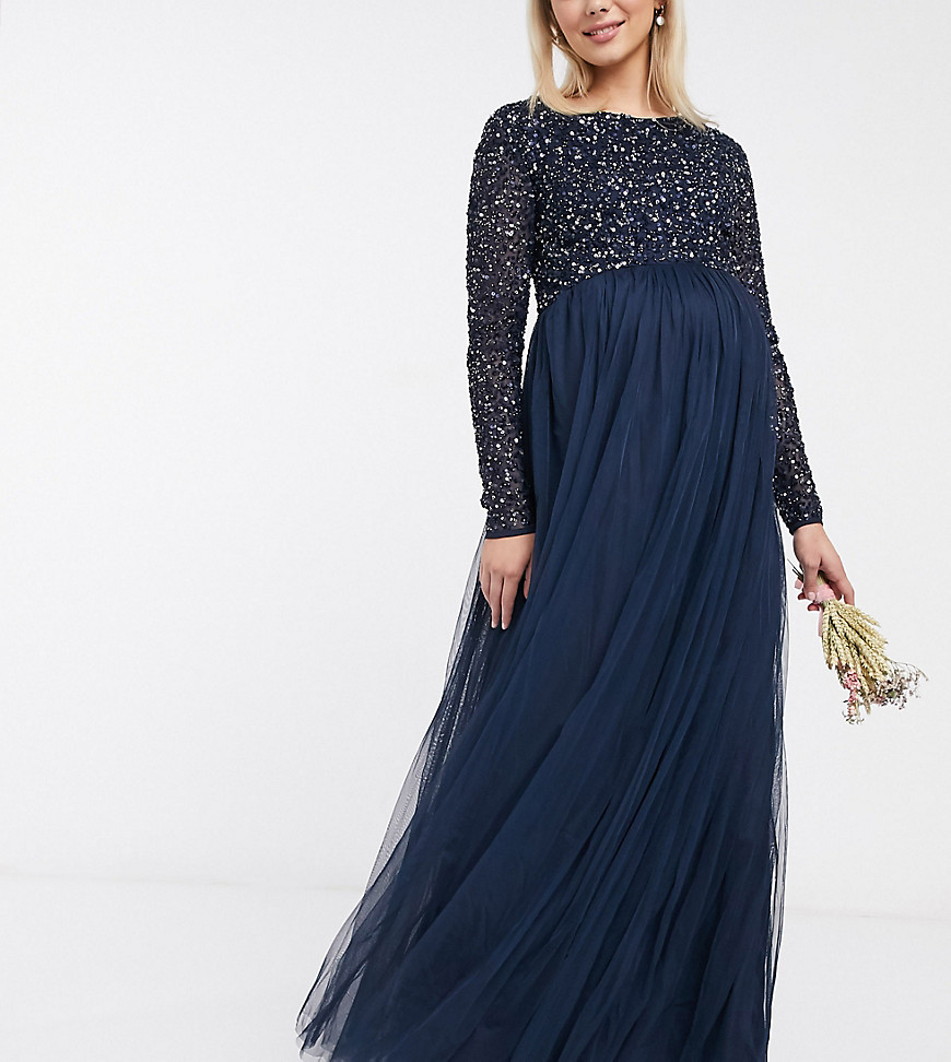 Maya Maternity Bridesmaid Long Sleeve Maxi Tulle Dress With Tonal Delicate Sequins In Navy