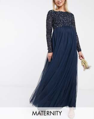 Maya Maternity Bridesmaid long sleeve maxi tulle dress with tonal delicate sequins in navy