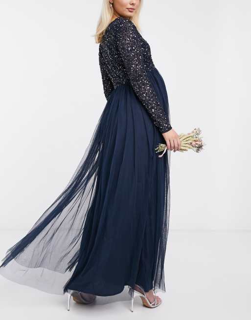 Tulle Long Sleeve Sequin Maternity Dress Cute Short Sleeves V Neck Mid-Rib  Sequin Long Tulle