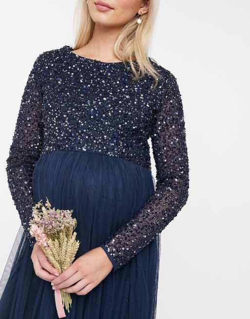maya maternity sequin dress Maya Deluxe Maternity Taupe Blush Short Sleeved Sequinned Tulle Maxi Dress   Mother Dragon