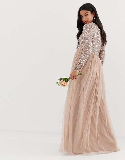 Asos design maxi dress in delicate outlet linear sequin with long sleeves