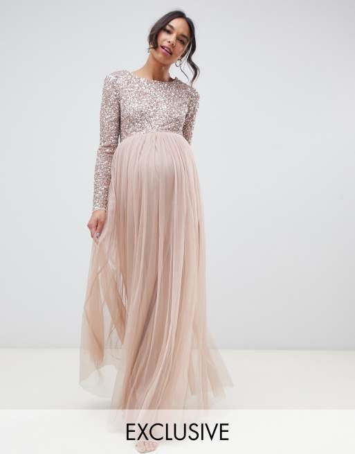 Maya Maternity Bridesmaid long sleeved maxi dress with delicate sequin and tulle skirt