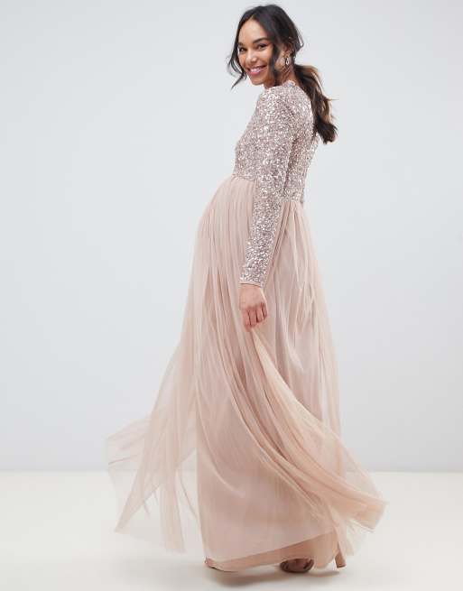 Maya Maternity Bridesmaid long sleeved maxi dress with delicate sequin and tulle skirt