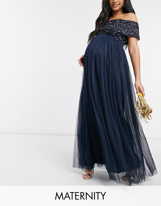 Maya Maternity Bridesmaid off shoulder maxi tulle dress with tonal delicate sequin in navy