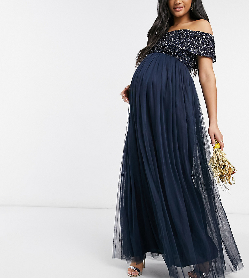 Maya Maternity Bridesmaid Off Shoulder Maxi Tulle Dress With Tonal Delicate Sequins In Navy