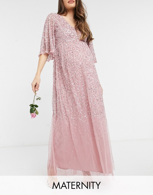 Maya Maternity Bridesmaid plunge front flutter sleeve delicate sequin maxi dress in pink