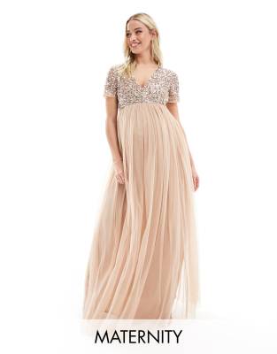 Maya Maternity Bridesmaid Sleeveless Square Neck Maxi Tulle Dress With Tonal Delicate Sequin Overlay In Taupe Blush In Neutral