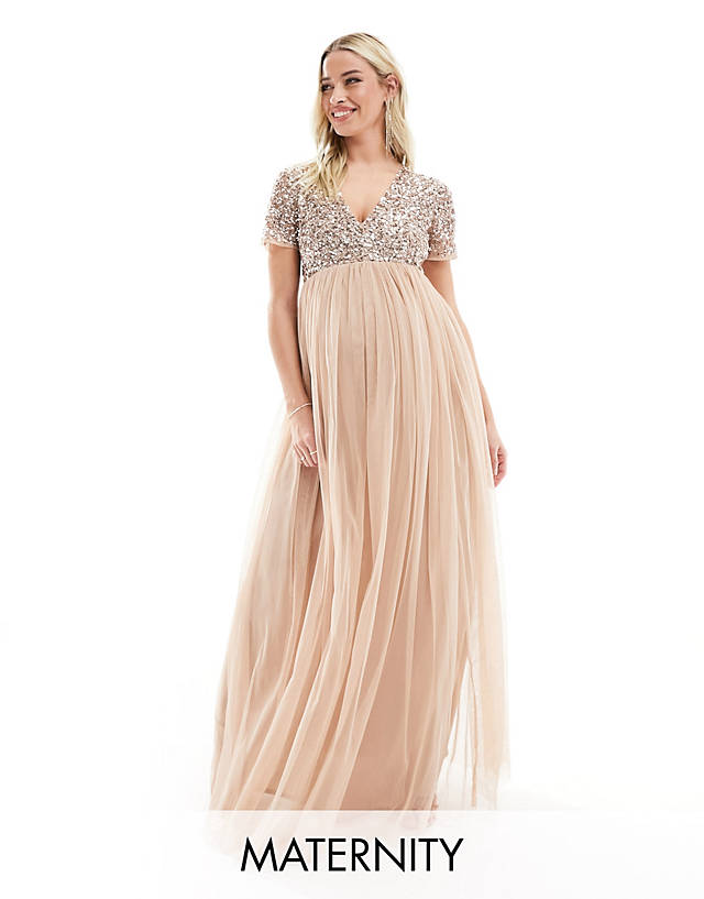 Maya Maternity - bridesmaid short sleeve maxi tulle dress with tonal delicate sequins in muted blush