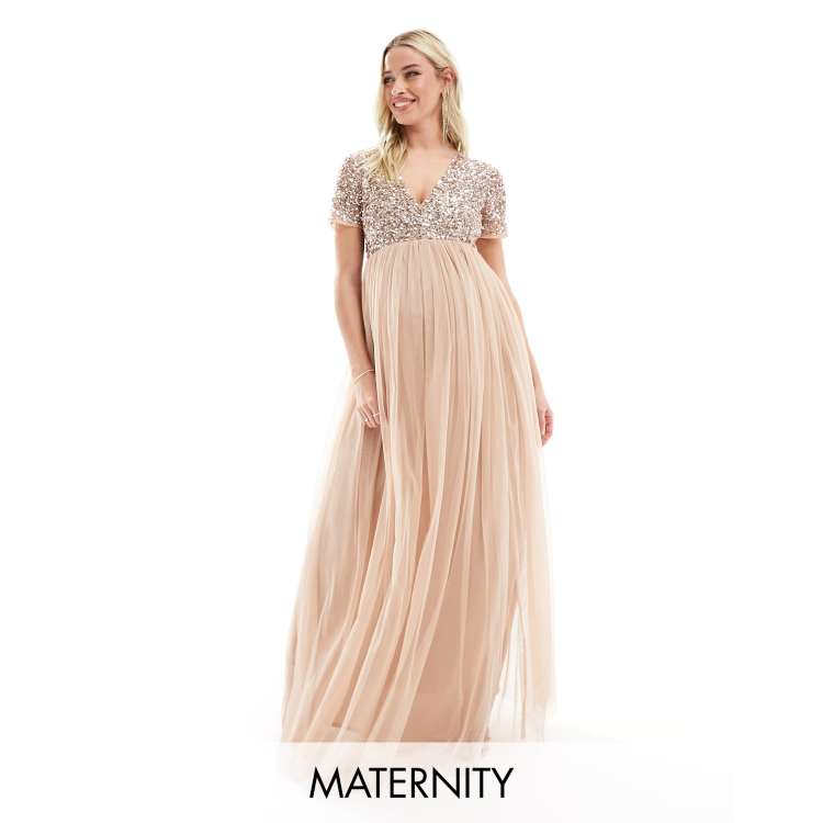 Maya Maternity Bridesmaid short sleeve maxi tulle dress with tonal delicate  sequins in muted blush