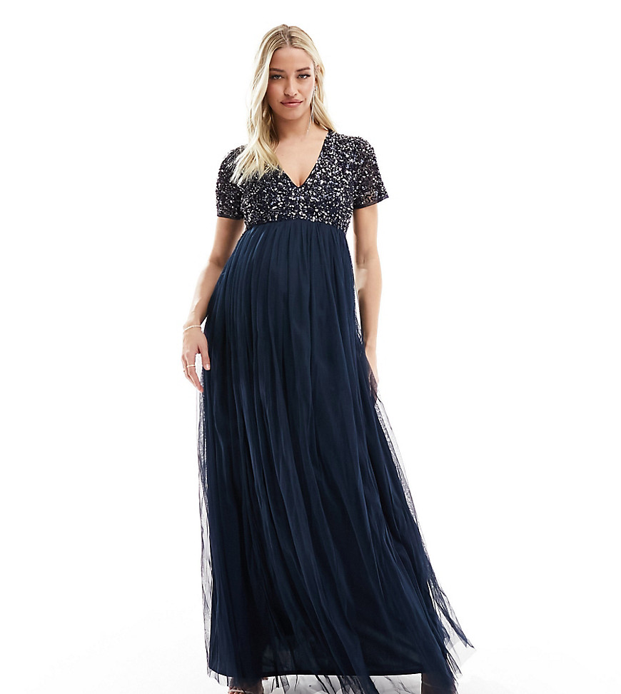 Maya Maternity Bridesmaid short sleeve maxi tulle dress with tonal delicate sequins in navy